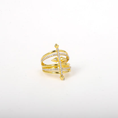 Gold ring with diamonds on a white background