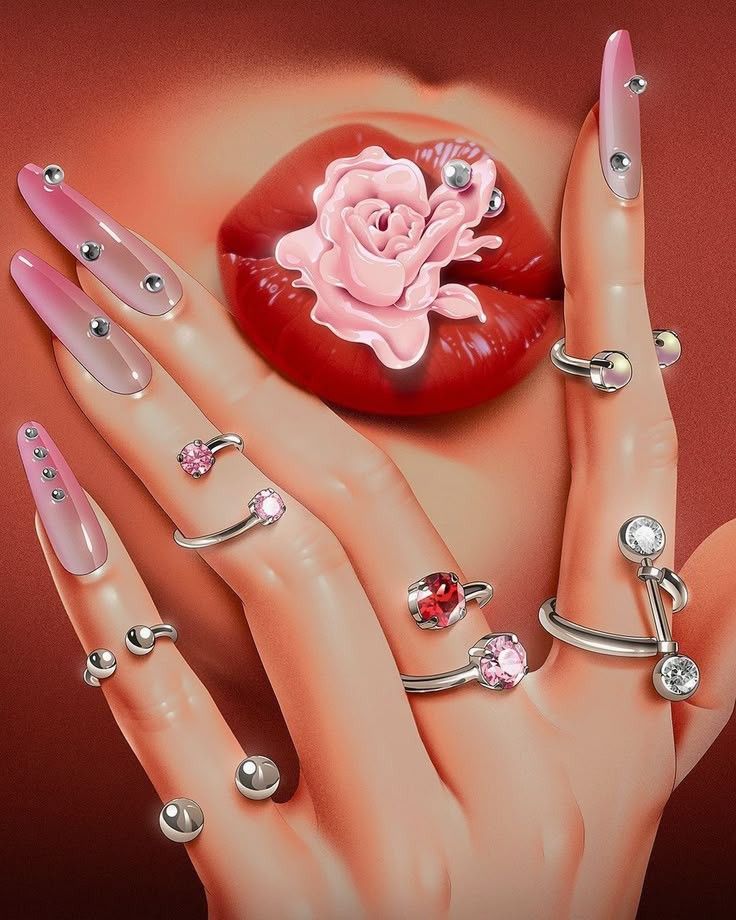 Illustration of a hand with decorative rings and nails, featuring a rose between red lips on a red background.