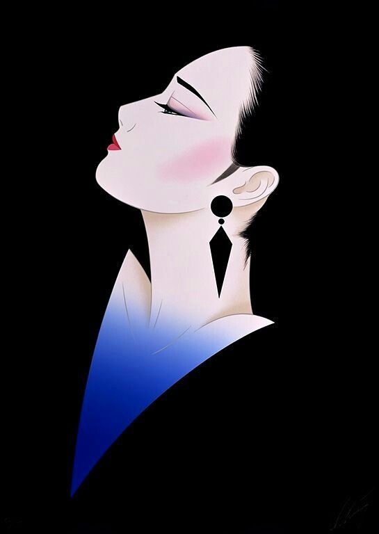 Artistic depiction of a stylized female figure with a blue garment on a black background