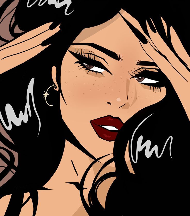 Illustration of a woman with dark hair and red lipstick, wearing a hat.