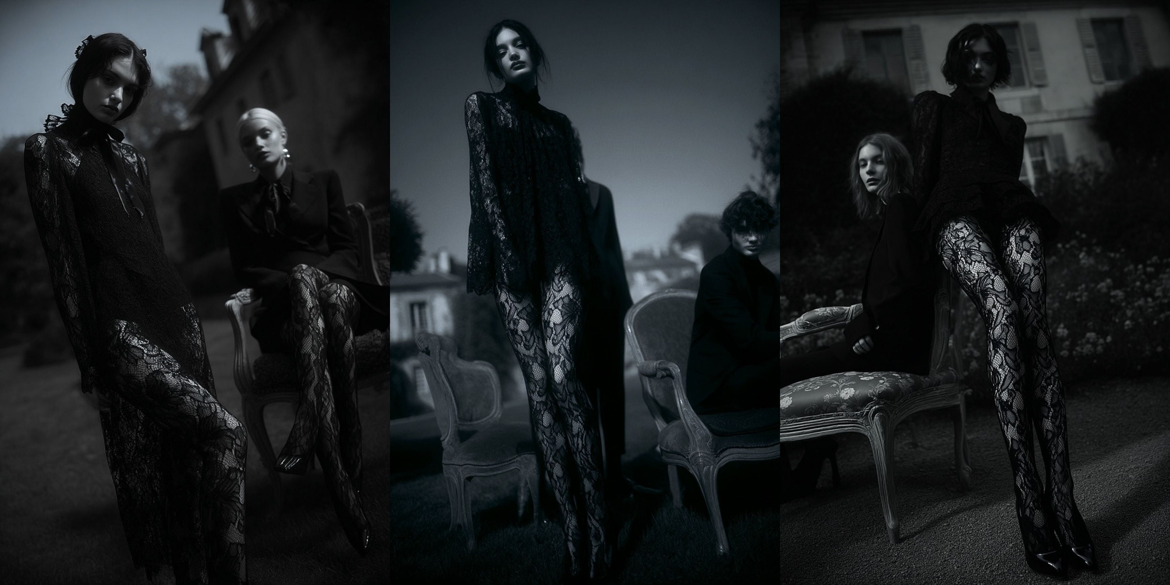 Black and white collage of a woman in a stylish outfit sitting outdoors.