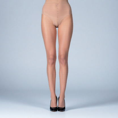 Beige sheer stockings worn by a person on a light gray background