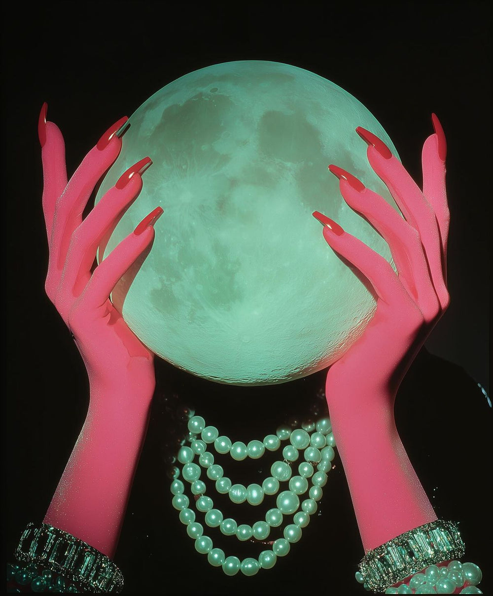 Pink-gloved hands holding a glowing green sphere with pearls and jewelry on a black background