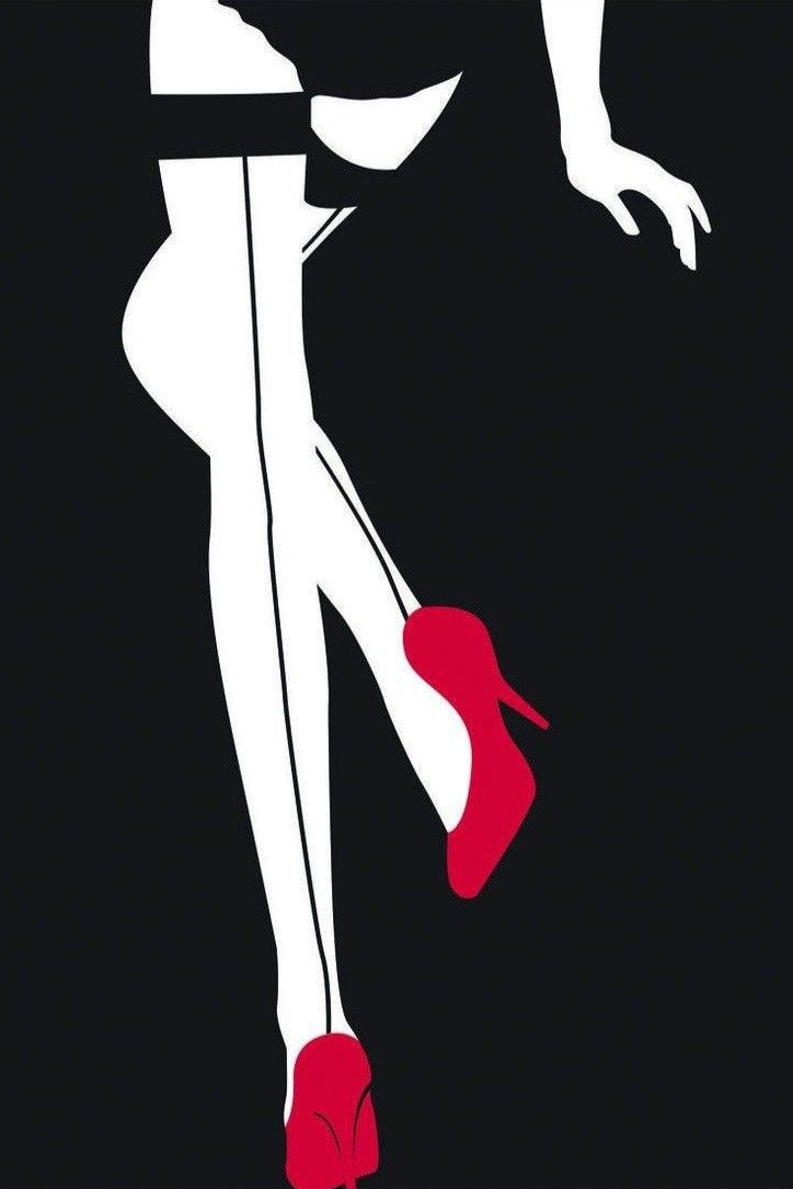 Silhouette of a person wearing red high-heeled shoes on a black background