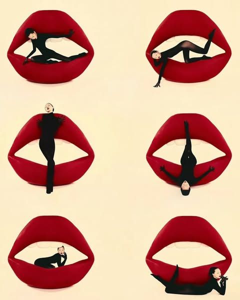Red lips with a person inside, repeated six times on a beige background