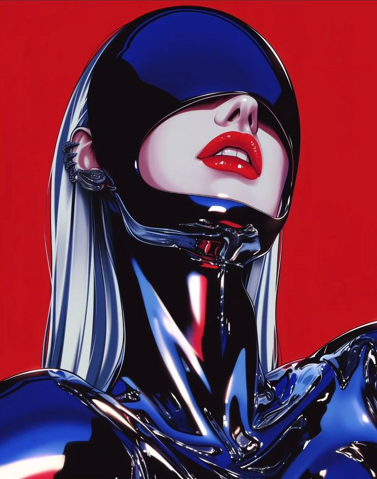 Chromed humanoid figure with red lips against a red background