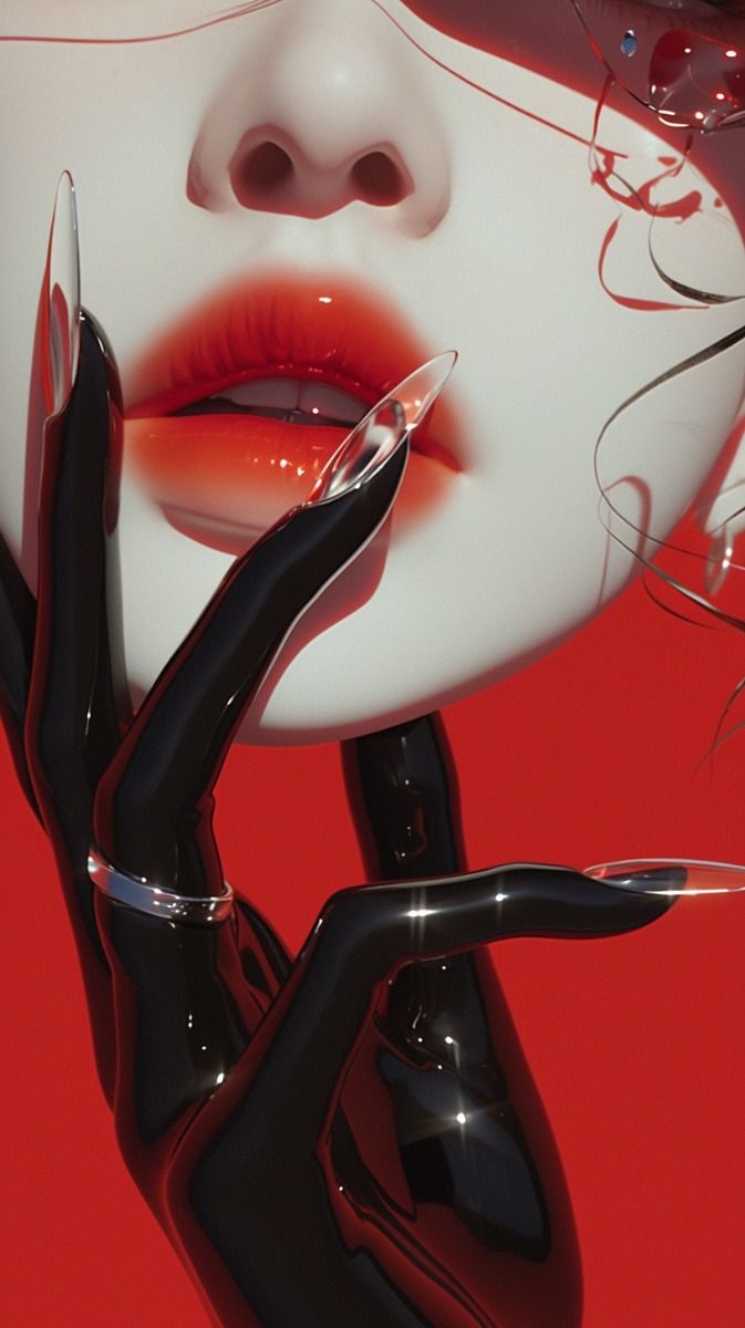 Artistic depiction of a face with red lipstick and black gloves on a red background