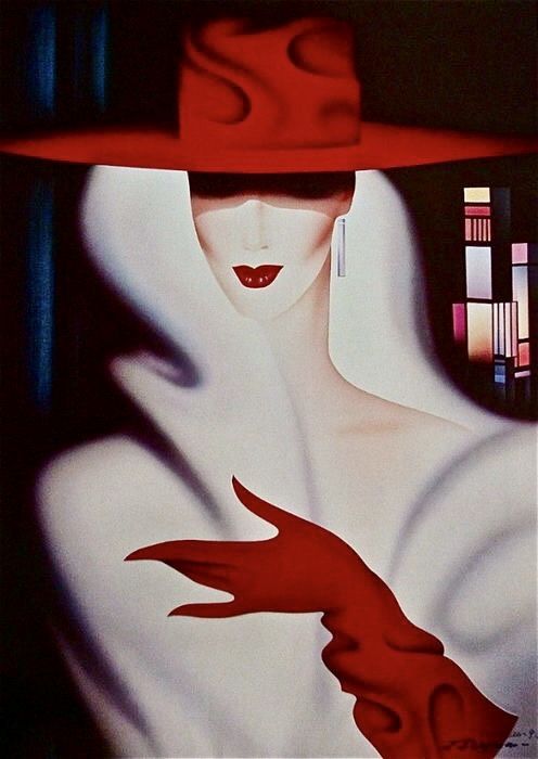 Artistic depiction of a figure wearing a red hat and red gloves with a stylized background.