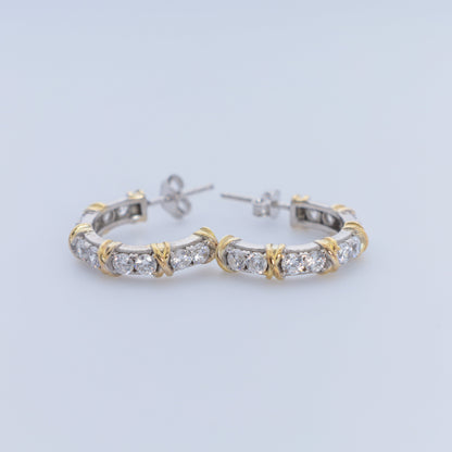 Pair of hoop earrings with gold and silver accents on a light gray background